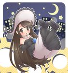  agnes_oblige bad_id bad_pixiv_id bare_shoulders black_gloves black_legwear blush bravely_default:_flying_fairy bravely_default_(series) brown_eyes brown_hair building crescent_moon elbow_gloves gears gem gloves hand_on_own_stomach hat jewelry long_hair looking_at_viewer mizuno_mumomo moon necklace night night_sky oversized_object pantyhose pearl_necklace ring shoes skirt sky solo star strapless sun_hat 