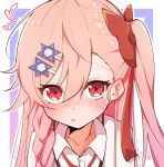  1girl bangs blush bow braid collarbone collared_shirt commentary dress_shirt eyebrows_visible_through_hair girls_frontline hair_between_eyes hair_bow hair_ornament heart highres long_hair meow_nyang negev_(girls_frontline) nose_blush one_side_up outline pink_hair purple_background red_bow red_eyes red_ribbon ribbon shirt side_braid single_braid solo two-tone_background upper_body white_background white_outline white_shirt 