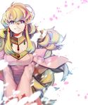  1girl blonde_hair blue_eyes blurry breasts cleavage cloud_hair earrings highres jewelry long_hair looking_at_viewer medium_breasts multicolored_hair necklace nia_teppelin petals smile solo symbol-shaped_pupils tears tengen_toppa_gurren_lagann two-tone_hair white_background witchs27 