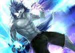  abstract_background anthro aotsuki091 belt biceps big_muscles black_nose blue_eyes blue_fur blue_hair canine claws clenched_teeth clothing energy fangs fight flexing fur grey_fur hair lightning male mammal muscles pecs pose shorts sky_(artist) solo standing teeth toned topless white_fur wolf 