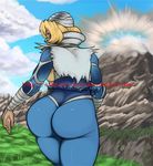  ass bandages blonde_hair bodysuit elazuls-core face_mask from_behind mask mountain red_eyes reverse_trap sheik skin_tight solo surcoat the_legend_of_zelda the_legend_of_zelda:_ocarina_of_time turban watermark web_address 
