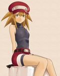  arms_behind_back bad_id bad_pixiv_id bare_shoulders belt blonde_hair gloves green_eyes hat looking_at_viewer ogros red_shorts rockman rockman_dash roll_caskett short_hair shorts sitting sleeveless sleeveless_turtleneck solo thighs turtleneck 