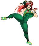  abs alternate_costume alternate_hairstyle bodysuit bracelet braid breasts bun_cover chinese_clothes chun-li chun-li_(cosplay) cosplay cropped_jacket double_bun elazuls-core green_bodysuit green_eyes high_kick hong_meiling jewelry kicking large_breasts lipstick long_hair makeup red_eyes red_hair shoes skin_tight smile sneakers solo spiked_bracelet spikes star street_fighter street_fighter_zero_(series) touhou twin_braids twintails white_background 