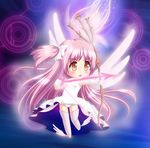  blush boots bow bow_(weapon) chibi dress gloves hair_bow kaname_madoka long_hair mahou_shoujo_madoka_magica neopure orange_eyes pink_footwear pink_hair shoes solo spoilers thighhighs ultimate_madoka very_long_hair weapon white_dress winged_shoes wings 