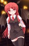  :o bespectacled black_legwear blush book bookshelf demon_wings dress_shirt glasses head_wings highres holding holding_book koakuma long_hair long_sleeves looking_at_viewer lzh necktie red_eyes red_hair red_neckwear shirt solo thighhighs touhou wings zettai_ryouiki 