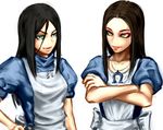  2girls alice:_madness_returns alice_(wonderland) alice_in_wonderland alice_liddell american_mcgee&#039;s_alice american_mcgee's_alice apron aqua_eyes artist_request black_hair ceramic_man dual_persona green_eyes jewelry multiple_girls necklace simple_background white_background 