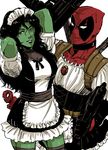  2boys alternate_costume black_hair bodysuit deadpool dual_wielding enmaided green_lipstick green_skin gun holding jennifer_walters lips lipstick long_hair maid maid_headdress makeup marvel marvel_vs._capcom marvel_vs._capcom_3 mask multiple_boys she-hulk shitara_(kaimetsu_joutai) spider-man spider-man_(series) thighhighs weapon 