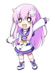  1girl arm_up chibi collar commentary_request d-pad d-pad_hair_ornament doria_(5073726) dress eyebrows_visible_through_hair hair_between_eyes hair_ornament long_hair long_sleeves looking_at_viewer neckerchief nepgear neptune_(series) open_mouth purple_hair sailor_collar sailor_dress shoes sidelocks simple_background smile solo striped striped_legwear thigh_strap thighhighs white_background white_dress white_footwear yellow_neckwear zettai_ryouiki 