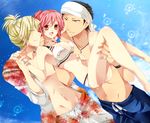  1girl 2boys akatsuki_yakyou bikini black_hair blonde_hair character_request earrings highres jewelry multiple_boys necklace pink_hair red_eyes shorts sky swimsuit tokimeki_memorial tokimeki_memorial_girl&#039;s_side tokimeki_memorial_girl's_side yellow_eyes 