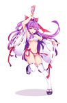  bow breasts detached_sleeves hair_bow hakurei_reimu hakurei_reimu_(pc-98) highres long_hair medium_breasts navel ofuda panties purple_eyes purple_hair sarashi solo striped striped_panties thighhighs touhou touhou_(pc-98) underboob underwear white_legwear yaoshi_jun 