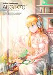  akg bare_shoulders blonde_hair blue_eyes breasts cd cd_case cleavage english headphones ino_satsu jewelry k701 listening_to_music long_hair medium_breasts necklace off_shoulder original product_placement sitting smile solo text_focus window 
