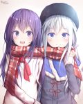  2girls :d absurdres akatsuki_(kantai_collection) bangs beret black_hat black_jacket blue_capelet blue_eyes blush brown_background capelet closed_mouth commentary_request eyebrows_visible_through_hair fur-trimmed_capelet fur-trimmed_sleeves fur_trim gradient gradient_background hair_between_eyes hamayuu_(litore) hat hibiki_(kantai_collection) highres jacket kantai_collection long_hair long_sleeves multiple_girls open_mouth purple_eyes purple_hair red_scarf scarf shared_scarf silver_hair smile sweater twitter_username upper_body upper_teeth white_background white_sweater 
