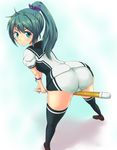  aqua_eyes ass bad_id bad_pixiv_id banana_(hirane1988) bent_over cameltoe from_above from_behind green_hair long_hair looking_back national_shin_ooshima_school_uniform ponytail saegusa_wakaba school_uniform shinai short_shorts shorts solo sword thighhighs vividred_operation weapon 