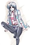  1girl aqua_hair banpresto blue_hair coat cyan_hair earrings glacies jacket jewelry kagura_yuuto long_hair pantyhose shorts smile socks super_robot_wars super_robot_wars_destiny super_robot_wars_original_generation very_long_hair yellow_eyes 