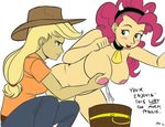  annoyed applejack_(mlp) big_breasts blush breast_milking breasts bucket clothed clothing collar cosplay cowbell cowboy_hat curly_hair english_text female friendship_is_magic hairband hat headwear horn human humanized lactating mammal megasweet my_little_pony not_furry nude pinkie_pie_(mlp) ponytail smile text tongue tongue_out 