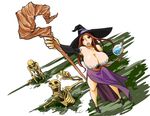  arm_up bare_shoulders bottle breasts brown_eyes brown_hair cleavage detached_sleeves dragon's_crown dress ground hat holding huge_breasts legs long_hair long_skirt looking_at_viewer looking_up matsu-sensei open_mouth potion side_slit skeleton skirt sorceress_(dragon's_crown) staff strapless strapless_dress white_background witch_hat 