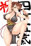  1girl alternate_costume armpits bare_shoulders breasts brown_eyes brown_hair capcom chun-li curvy erect_nipples female fighting_pose hair_bun hetero highleg huge_breasts leg_lift mound_of_venus nekokan_(cat&#039;s_cradle) nekokan_(cat's_cradle) short_hair solo standing street_fighter thighs 