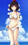  bad_id bad_pixiv_id bikini black_hair breasts cibo_(killy) cloud day hat highres looking_at_viewer medium_breasts navel red_eyes shameimaru_aya short_hair side-tie_bikini smile solo swimsuit tokin_hat touhou white_bikini 