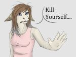  blue_eyes breasts brown_hair fangs female fur hair holding_out_hand kys reaction_image reference_to_suicide solo text unknown_artist white_fur 