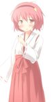  alternate_costume blush hairband heart japanese_clothes komeiji_satori long_sleeves looking_at_viewer miko pink_eyes pink_hair ran_(9ens2000) short_hair solo touhou wide_sleeves 