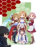  4girls apron asuna_(sao) boots dragon gloves hammer kirito lisbeth multiple_girls pina_(sao) silica sword_art_online thighhighs totsuki_tooka yui_(sao) 