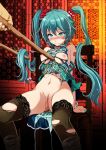  1boy 1girl absurdres aqua_eyes aqua_hair areolae arms_behind_back bdsm black_legwear blue_eyes blue_hair blush bondage bottomless bound bound_legs bound_wrists breasts censored chair crying crying_with_eyes_open cuffs drumsticks handcuffs hatsune_miku highres huge_filesize long_hair mosaic_censoring navel nipples number number_tattoo panties pussy tattoo tears thighhighs torn_clothes torn_thighhighs tsukishiro_saika twintails underwear vocaloid 