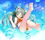  :o barefoot beamed_eighth_notes beamed_sixteenth_notes bikini blush breasts bubble colorized eighth_note feet glasses goma_azarasi green_eyes green_hair headphones long_hair medium_breasts musical_note open_mouth original solo staff_(music) swimsuit t07kg024 treble_clef 