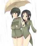  amai_nekuta black_hair blue_eyes blush brown_eyes crossed_arms glasses military military_uniform multiple_girls nakajima_nishiki open_mouth rain shared_umbrella suwa_amaki umbrella uniform world_witches_series 