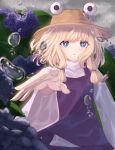  1girl :o arm_up bangs blonde_hair blue_eyes blue_skirt blue_vest blurry cacao_devil commentary_request day depth_of_field flower foreshortening hat high_collar highres hydrangea long_sleeves looking_at_viewer moriya_suwako outdoors overcast reaching_out shirt short_hair sidelocks skirt solo touhou upper_body vest water_drop white_shirt 