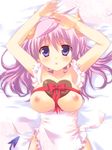  apron armpits arms_up blue_eyes blush bow breasts breasts_outside chocolate chocolate_heart collarbone demon_girl demon_horns demon_tail heart horns katakuriri large_breasts long_hair lying naked_apron nipples on_back original parted_lips purple_hair ribbon skindentation solo tail valentine 