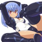  arms_behind_head arms_up bangs black_legwear blue_hair blush boots breasts busou_shinki cleavage cleavage_cutout covered_navel crotch dd_(ijigendd) doll_joints dutch_angle expressionless headgear hips leg_up legs leotard long_hair looking_at_viewer lying medium_breasts on_back red_eyes solo spread_legs strarf strarf_mk2 tan thigh_boots thighhighs thighs twintails 