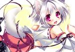  animal_ears arm_ribbon bare_shoulders blush detached_sleeves fang hat hikanyan inubashiri_momiji long_sleeves looking_at_viewer midriff open_mouth red_eyes ribbon short_hair silver_hair smile solo sparkle tail tokin_hat touhou white_hair wide_sleeves wolf_ears wolf_tail 