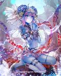  :t anklet armlet barefoot barefoot_sandals bikini_top blue_hair blue_skin bracelet fins gem hair_ornament headdress jewelry long_hair looking_at_viewer monster_girl necklace original puffy_cheeks rock scales seiza sitting skirt tied_hair toe_ring trinity_souls water yooani 