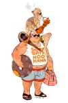  2boys beard blonde_hair carrying clothes_writing cup drinking_straw facial_hair fat fat_man jeniak junkrat_(overwatch) mechanical_arm multiple_boys overwatch prosthesis prosthetic_leg roadhog_(overwatch) sandals shirtless short_ponytail shorts shoulder_carry sunglasses tank_top tattoo white_hair 