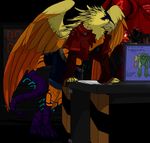  beak bleuhawke breasts clothing desk feathers female futuristic gryphon solo source_request wings 