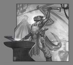 anvil apron armory b/w blacksmith dragon forging greyscale hammer horn male monochrome scalie solo sparks spiritraptor wings 