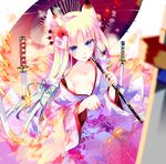  animal_ears ayuka bare_shoulders blonde_hair blue_eyes blurry breasts cleavage collarbone depth_of_field floral_print fox_ears fox_tail hair_ornament japanese_clothes kimono kitsune medium_breasts mitsuki_(p&amp;d) off_shoulder oriental_umbrella puzzle_&amp;_dragons solo sword tail umbrella weapon 