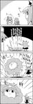  1girl 4koma bow braid chair comic cosplay greyscale hair_bow hat hat_ribbon head_wings highres hong_meiling koakuma long_hair mister_donut monochrome open_mouth pon_de_lion pon_de_lion_(cosplay) remilia_scarlet ribbon smile star tani_takeshi touhou translated twin_braids uu~ wings yukkuri_shiteitte_ne 