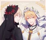  2boys arthur_pendragon_(fate) bom_ya chains character_name cosplay fate_(series) head_wreath lock looking_back looking_to_the_side male_focus multiple_boys nero_claudius_(bride)_(fate) nero_claudius_(bride)_(fate)_(cosplay) nero_claudius_(fate)_(all) parted_lips platinum_blonde_hair smile upper_body veil white_hair yellow_eyes zipper 