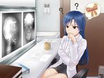  ? bad_id bad_pixiv_id blue_hair brown_eyes hair_ribbon hand_to_own_mouth highres idolmaster idolmaster_(classic) kisaragi_chihaya labcoat long_hair mikidar nonowa ribbon sitting skull solo thought_bubble x-ray_film 