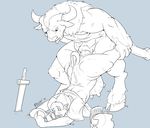  anal anal_penetration anthro bovine clothing duo erection forced helmet hooves horn human human_on_anthro interspecies lactating male mammal mane melee_weapon milk minotaur muscles nude penetration penis proxer rape sex sword teats torn_clothing transformation udders vein weapon wide_hips 