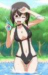  ;d arm_up armpits bangs bikini black_eyes black_hair black_swimsuit blush body_blush bow breasts choker cleavage clenched_hand cowboy_shot day forest girls_und_panzer goriate grass groin gun hair_between_eyes hand_on_own_head holding kawashima_momo large_breasts monocle nature navel neck_ribbon one_eye_closed open_mouth outdoors ribbon river rock short_hair sky slingshot_swimsuit smile solo splashing standing swimsuit thigh_gap tree wading water water_gun weapon wet wince 