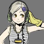  bangs blush brown_eyes ear_protection flower gloves hair_flower hair_ornament headset metal_gear_(series) metal_gear_rising:_revengeance name_tag rountain silver_hair simple_background solo striped sunny_gurlukovich swept_bangs tank_top 