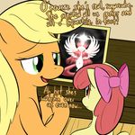  apple_bloom_(mlp) applejack_(mlp) blonde_hair bow cub dialog english_text equine female feral friendship_is_magic green_eyes hair horn horse lamia lamiaaaa lauren_faust_(character) mammal my_little_pony pony red_hair text winged_unicorn wings young 
