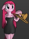  anthro anthrofied big_breasts breasts cleavage clothed clothing dress equine female friendship_is_magic hair horse j5furry long_hair mammal musical_instrument my_little_pony pink_hair pinkamena_(mlp) pinkie_pie_(mlp) plain_background pony solo straight_hair tg-0 trombone 