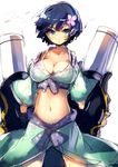  black_hair blue_eyes breasts cleavage flower gauntlets hair_flower hair_ornament medium_breasts midriff navel power_fist senran_kagura senran_kagura_shinovi_versus short_hair sketch solo ukyo_rst yozakura_(senran_kagura) 