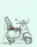  chainsaw ground_vehicle monochrome motor_vehicle no_humans scooter sketch smr03 spot_color vespa yume_2kki 
