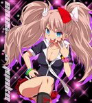  1girl blue_eyes boots bow breasts character_name cleavage dangan_ronpa danganronpa english enoshima_junko futaba_841 hair_bow hair_ornament large_breasts long_hair nail_polish necktie pink_hair school_uniform scrunchie skirt sleeves_rolled_up smile super_danganronpa_2 tongue tongue_out twintails v 