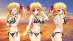  ass bikini black_bikini blonde_hair blush breasts green_eyes hair_ribbon large_breasts navel one_eye_closed open_mouth prism_recollection! ribbon shintarou shiny shiny_skin side-tie_bikini sideboob skindentation strap_gap swimsuit twintails uisaki_hinano 