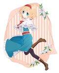  alice_margatroid arms_behind_back black_legwear blonde_hair blue_eyes blush boots capelet cross-laced_footwear flower hairband lace-up_boots pantyhose solo touhou tsuno_no_hito 